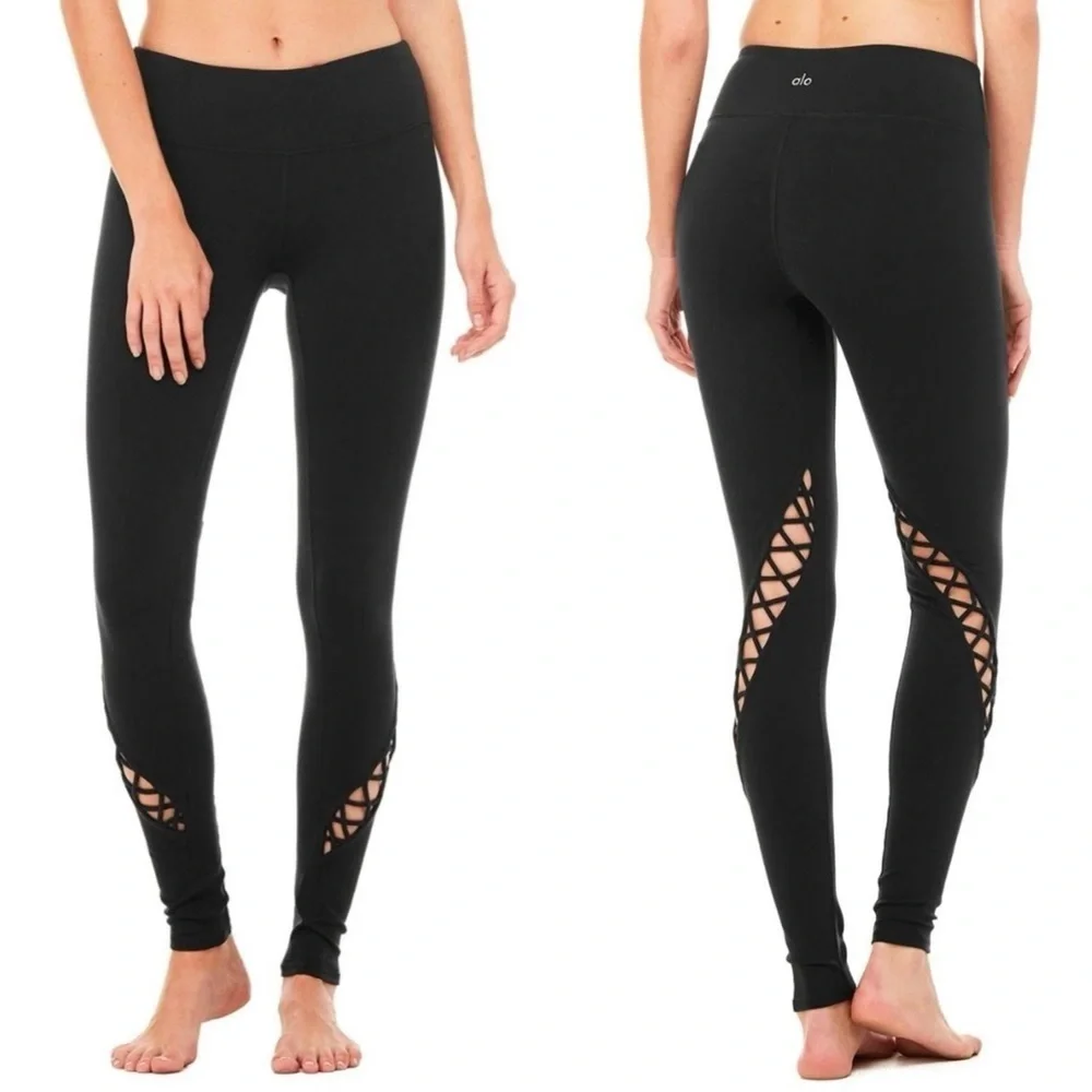 Alo YOGA Entwine Black Braided Open Laced Mid Rise Athletic Leggings EUC Size XS